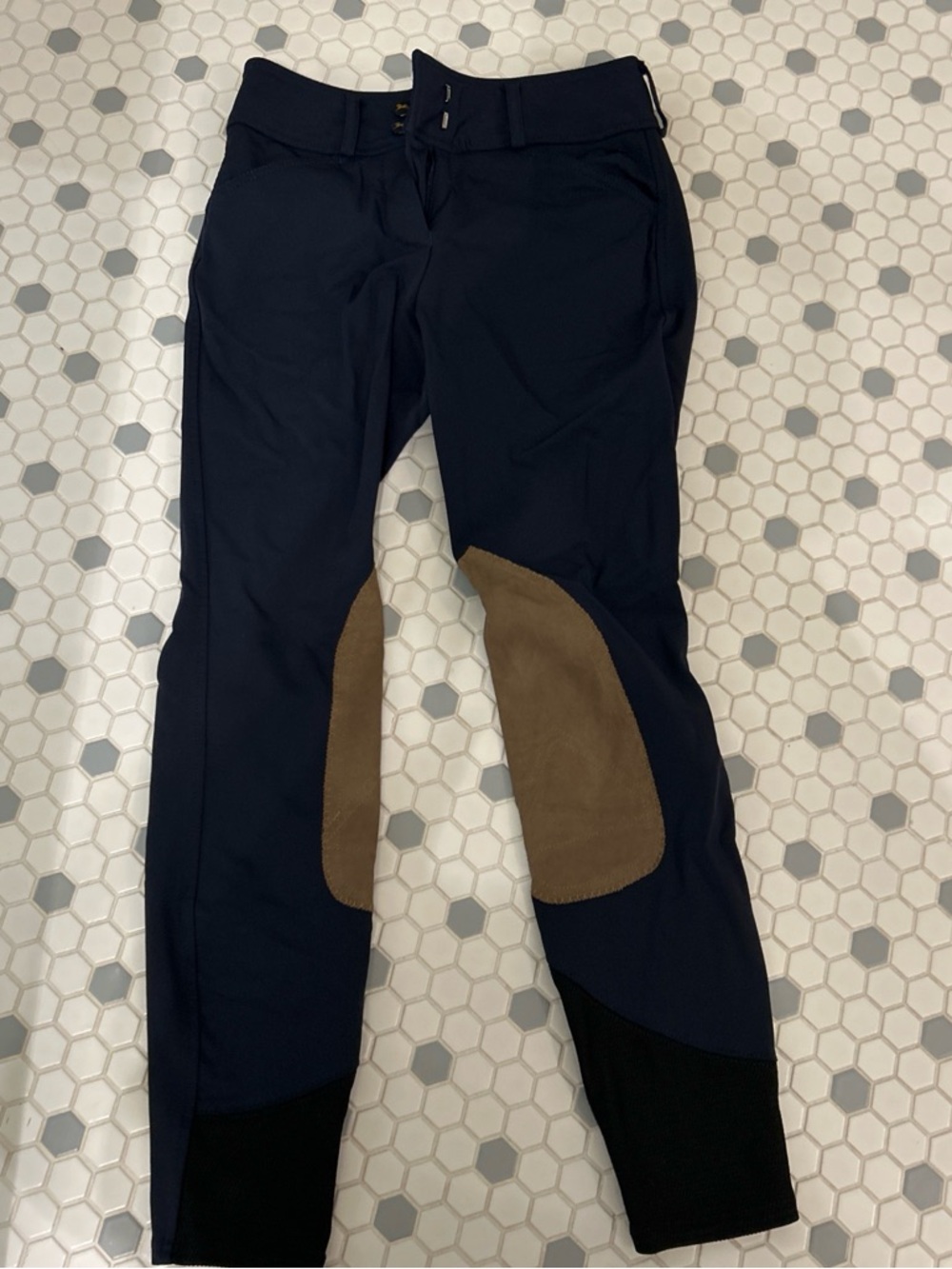 RJ Classic’s Navy Riding Breeches with Brown Suede Knee Patches